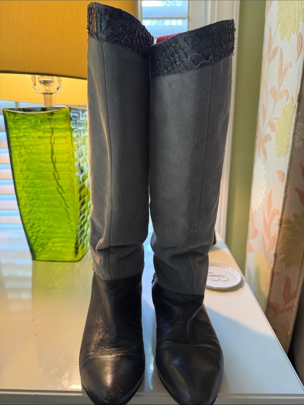Two toned Gray Suede Women's Tall Boots - Suede Shaft with Leather Toe
